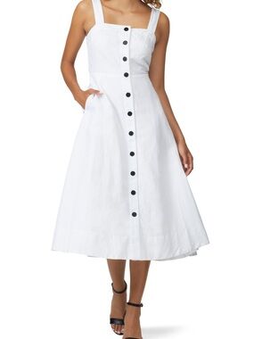Kate Spade White Linen Midi Dress Button Front Square Neck A-Line Size 4